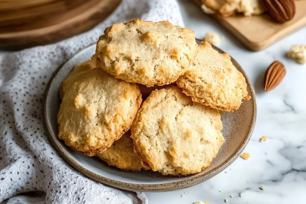 Golden three-ingredient biscuits stacked on a plate, with a rustic background of almonds and crumbs.