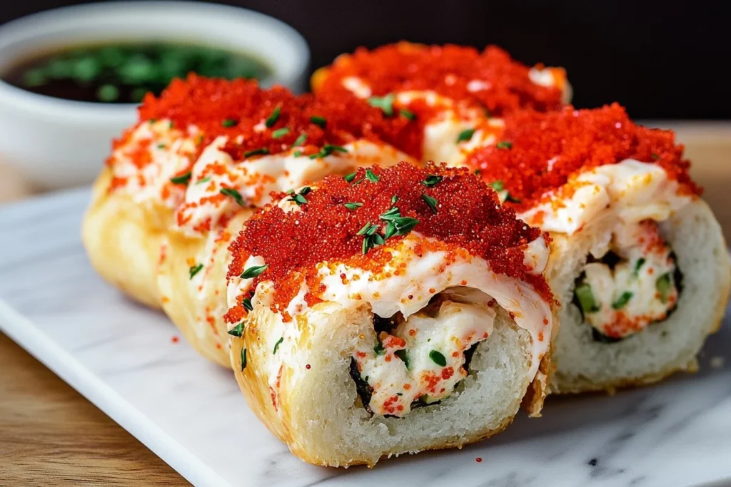 A close-up of a Boston roll sushi on a rectangular white plate, topped with vibrant red tobiko and filled with shrimp, avocado, and cucumber.