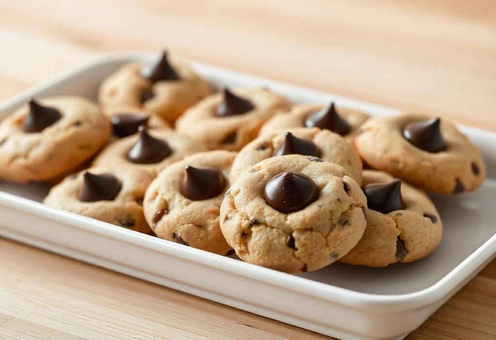 A white rectangular dish holding a pile of thumbprint cookies crumble, each topped with a single glossy chocolate drop, placed on a light wooden table with soft natural lighting.