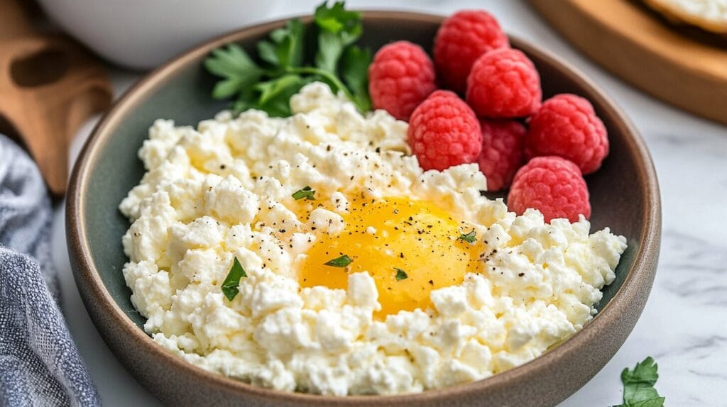 A bowl of cottage cheese topped with an egg yolk, garnished with parsley and black pepper, served with fresh raspberries on the side.