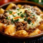 A close-up of baked pasta shells stuffed with creamy ricotta cheese and ground beef, topped with melted cheese and fresh parsley, served in a ceramic dish.