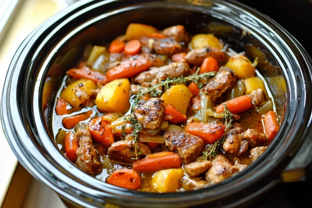 A hearty crockpot stew featuring tender chunks of meat, carrots, potatoes, and sprigs of fresh thyme.