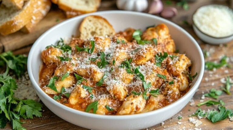 A bowl of garlic parmesan chicken pasta topped with fresh parsley and grated parmesan cheese, with bread slices in the background.