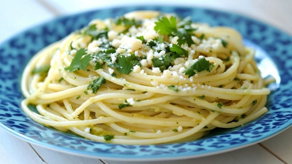 A plate of spaghetti with a light green herb sauce, topped with cilantro leaves and crumbled cheese, served on a blue patterned plate.