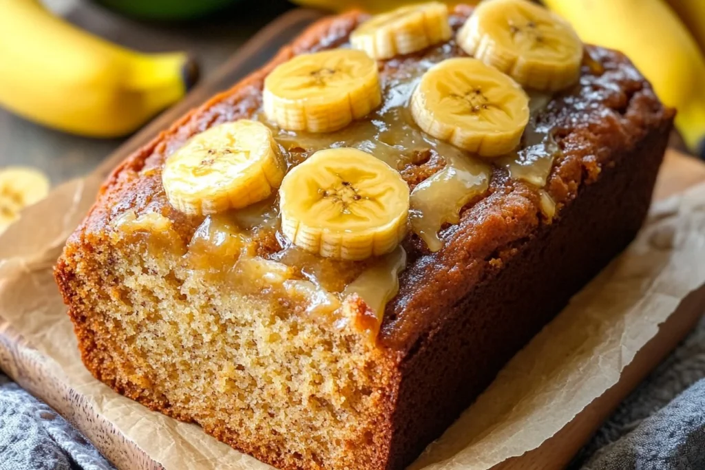 Freshly baked Hawaiian banana bread topped with sliced bananas and caramel glaze.