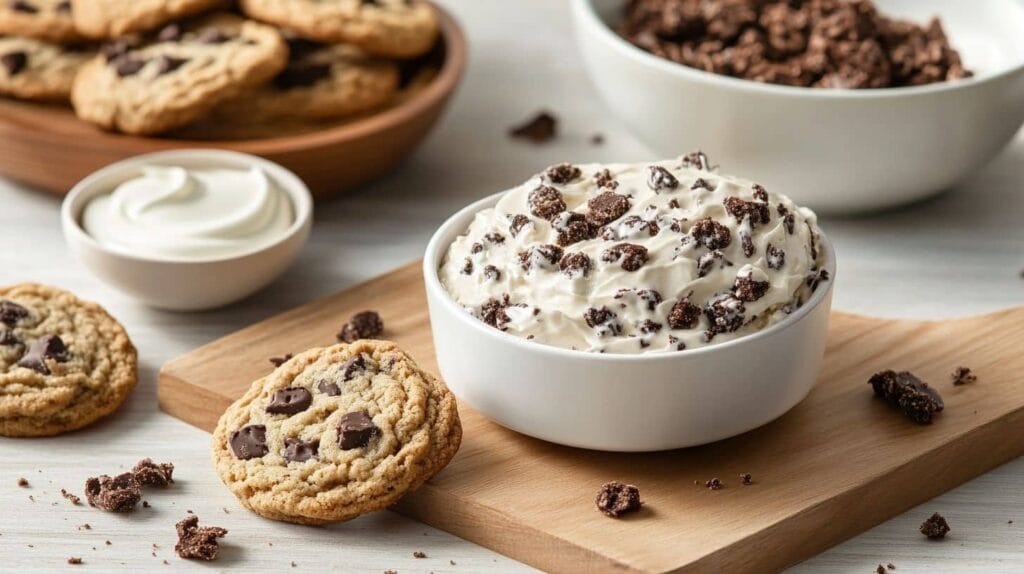 A bowl of creamy cookies and cream dip topped with crushed cookies, surrounded by chocolate chip cookies and cream ingredients.