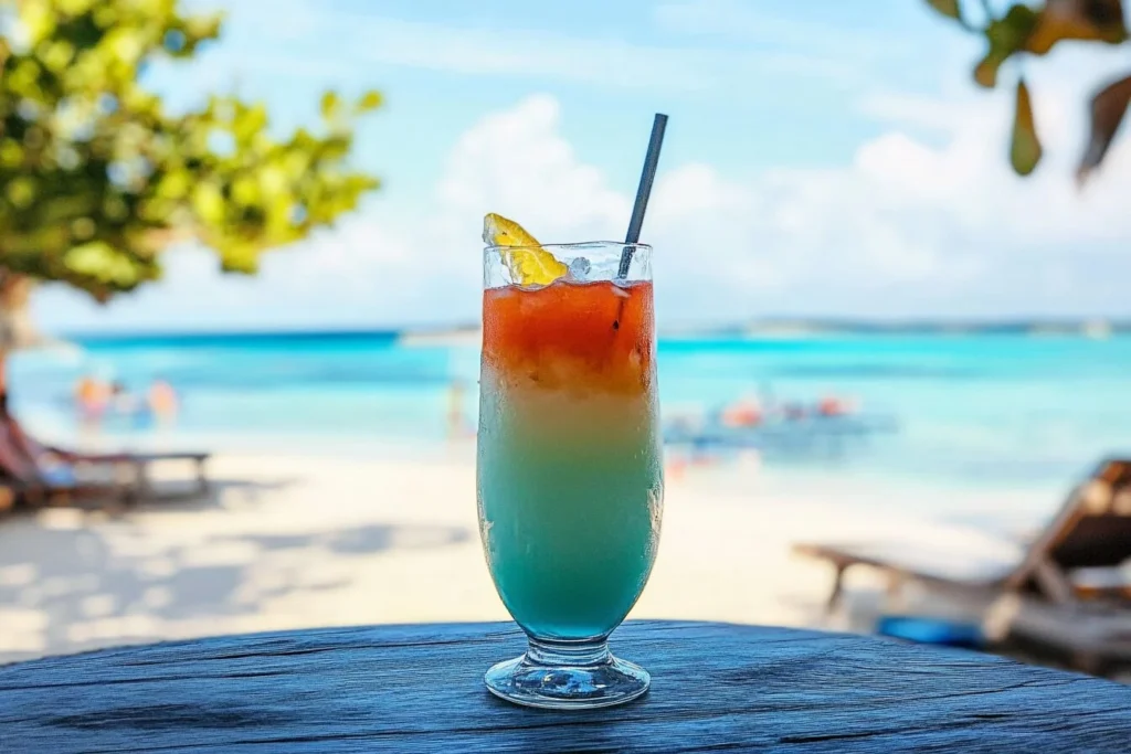 A vibrant cocktail with orange, red, and blue-green layers served in a tall glass with a straw and a lemon slice, placed on a wooden table overlooking a tropical beach.