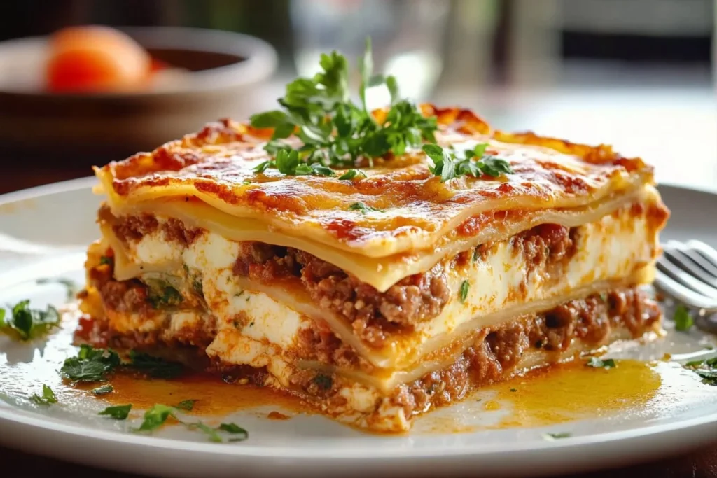 A close-up view of a delicious lasagna slice with layers of pasta, rich meat sauce, creamy ricotta, and melted cheese topped with fresh parsley.