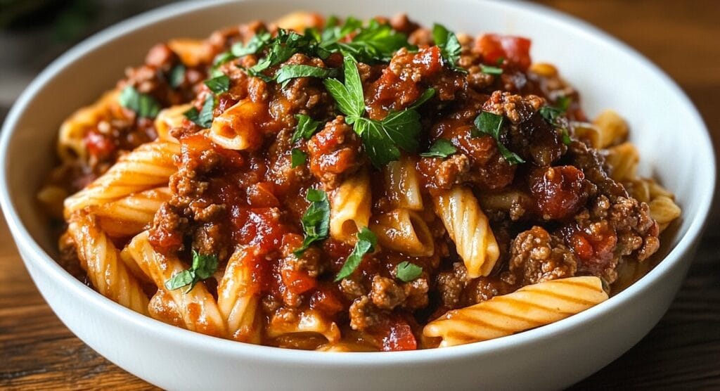 A close-up view of a bowl of penne pasta topped with rich Bolognese sauce and garnished with fresh parsley.