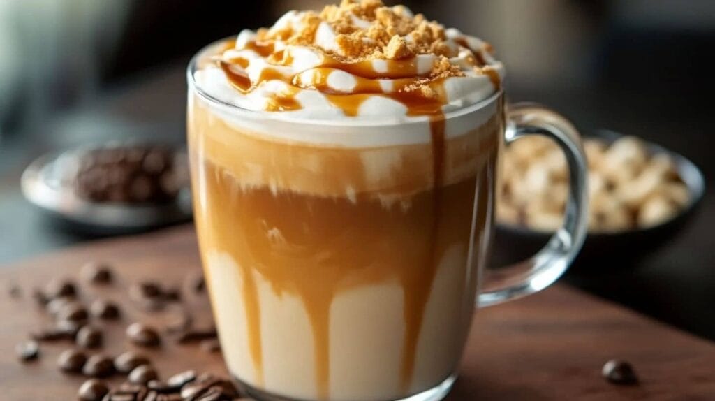 A creamy caramel macchiato topped with whipped cream, caramel drizzle, and cookie crumbles in a glass mug, with coffee beans and nuts in the background.