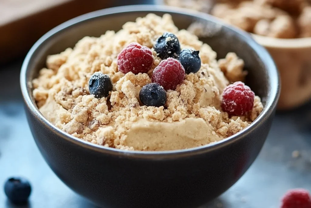 A close-up view of a dessert bowl filled with cookie crumble topped with fresh raspberries and blueberries, placed on a dark surface.