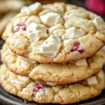 A stack of freshly baked raspberry white chocolate cookies with chunks of white chocolate and raspberries on a dark plate.