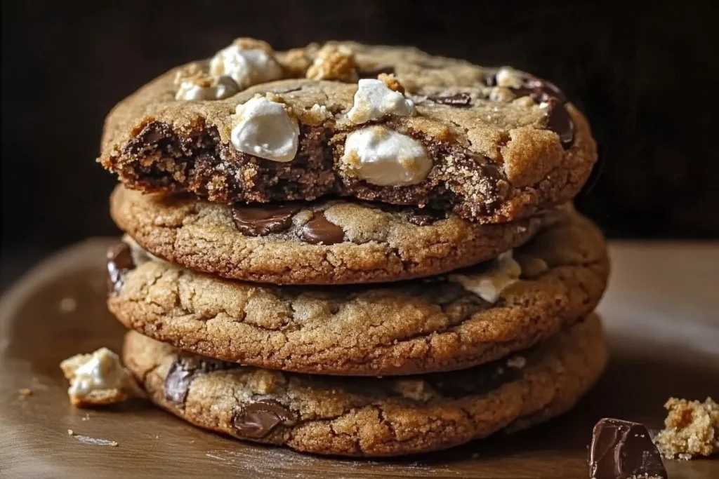 A close-up of a stack of chocolate chip cookies with marshmallows, showcasing a gooey texture and melted chocolate chips