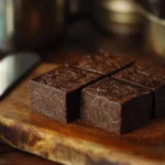 Close-up view of rich chocolate fudge squares with intricate designs on their surface, placed on a wooden cutting board next to a knife.