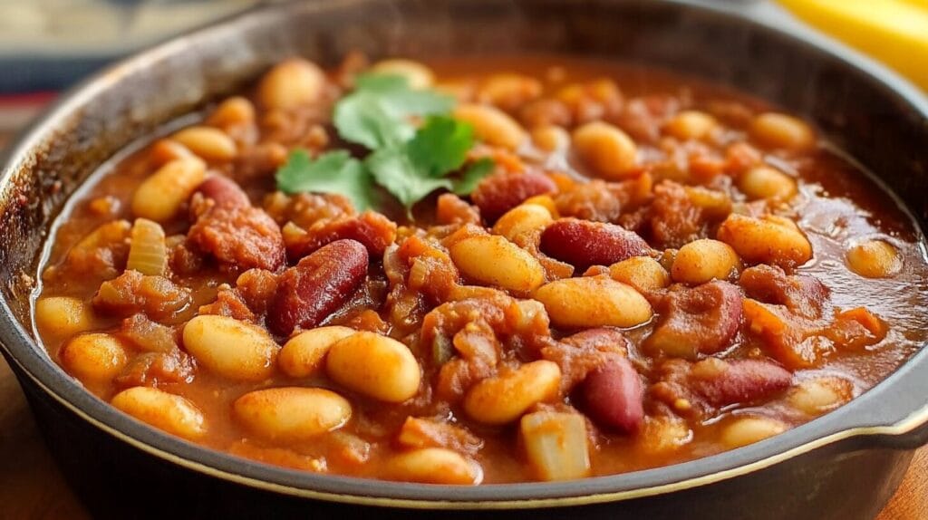 A close-up of a hearty bean stew in a cast-iron skillet, featuring red kidney beans, white beans, diced onions, and a garnish of fresh cilantro.