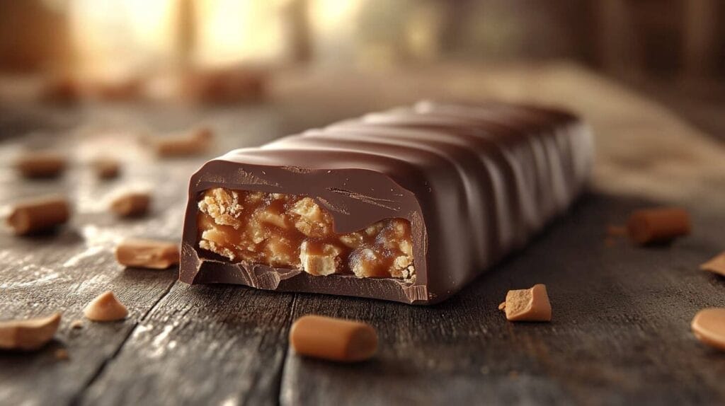 A close-up of a Heath bar with its chocolate coating partially removed, revealing the crunchy caramel and nutty filling inside.