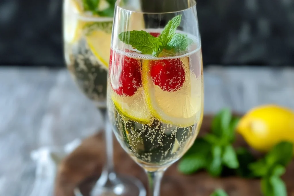 A refreshing glass of Hugo Spritz garnished with mint leaves, raspberries, and lemon slices, served in a champagne flute.