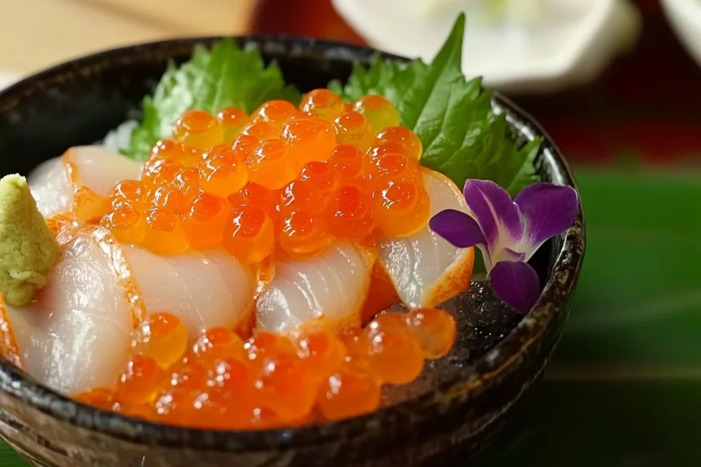 Close-up of a Japanese rice bowl topped with fresh scallops, salmon roe, wasabi, and a purple edible flower, garnished with green leaves.