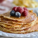 A stack of golden-brown pancakes topped with fresh raspberries and blueberries, dusted lightly with powdered sugar, served on a white decorative plate.