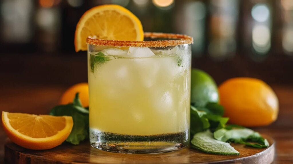 A refreshing margarita mix served in a glass with a salted rim, garnished with a slice of orange, surrounded by fresh lime and orange slices.