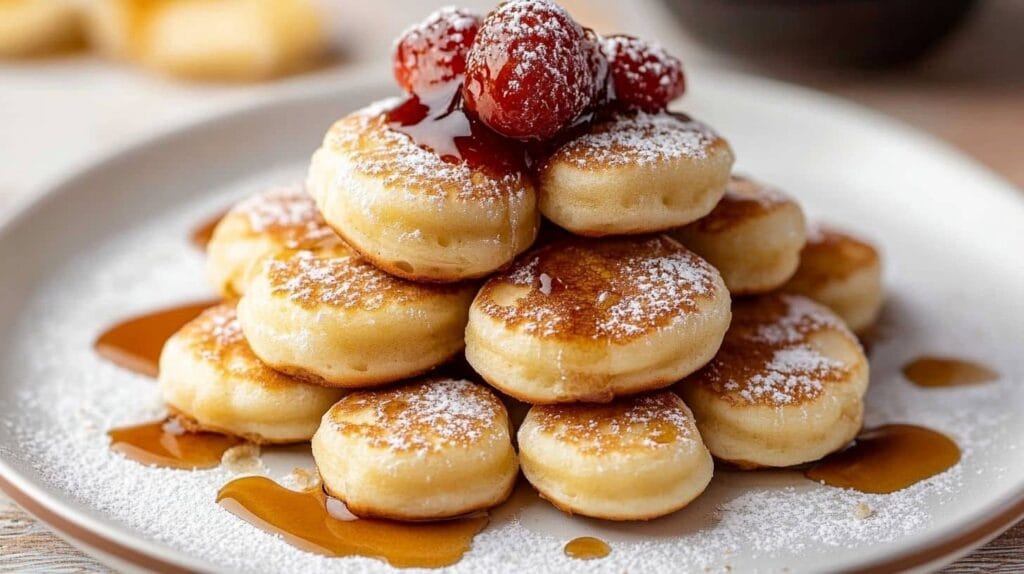 A plate of golden mini pancakes stacked with powdered sugar, fresh raspberries, and drizzled with syrup.