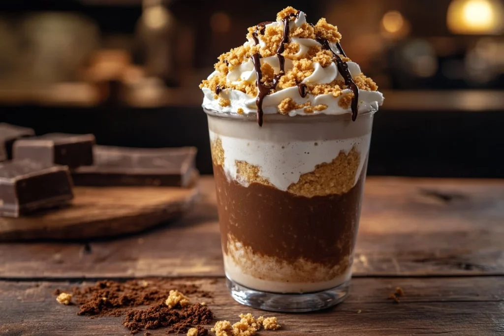 A decadent mocha cookie crumble frappuccino topped with whipped cream, cookie crumbles, and chocolate drizzle.