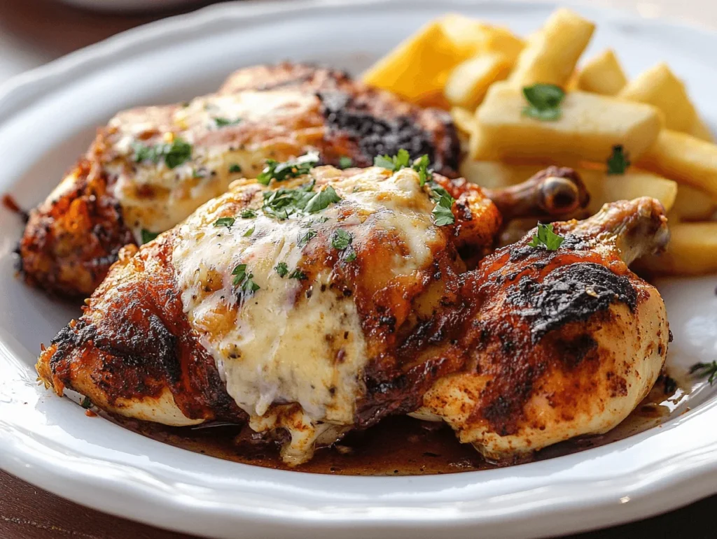 A close-up of grilled chicken topped with melted cheese, garnished with parsley, served with crispy fries on a white plate.