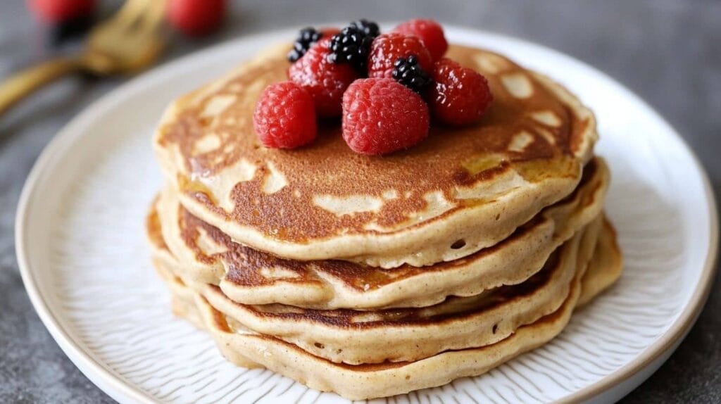 A stack of golden pancakes topped with fresh raspberries and blackberries on a white plate.