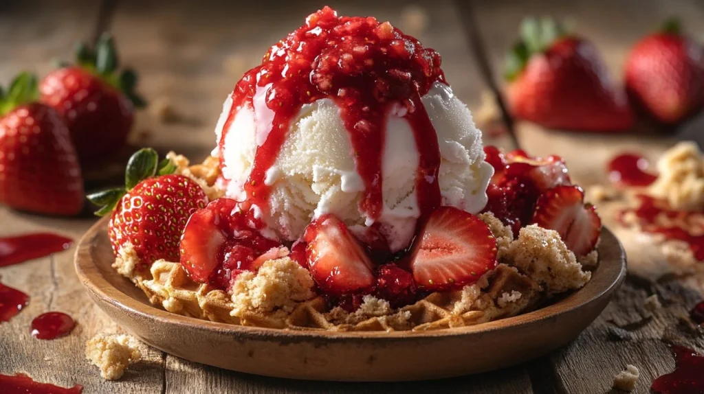 A vibrant strawberry shortcake topped with vanilla ice cream, fresh strawberries, and strawberry sauce on a wooden plate.