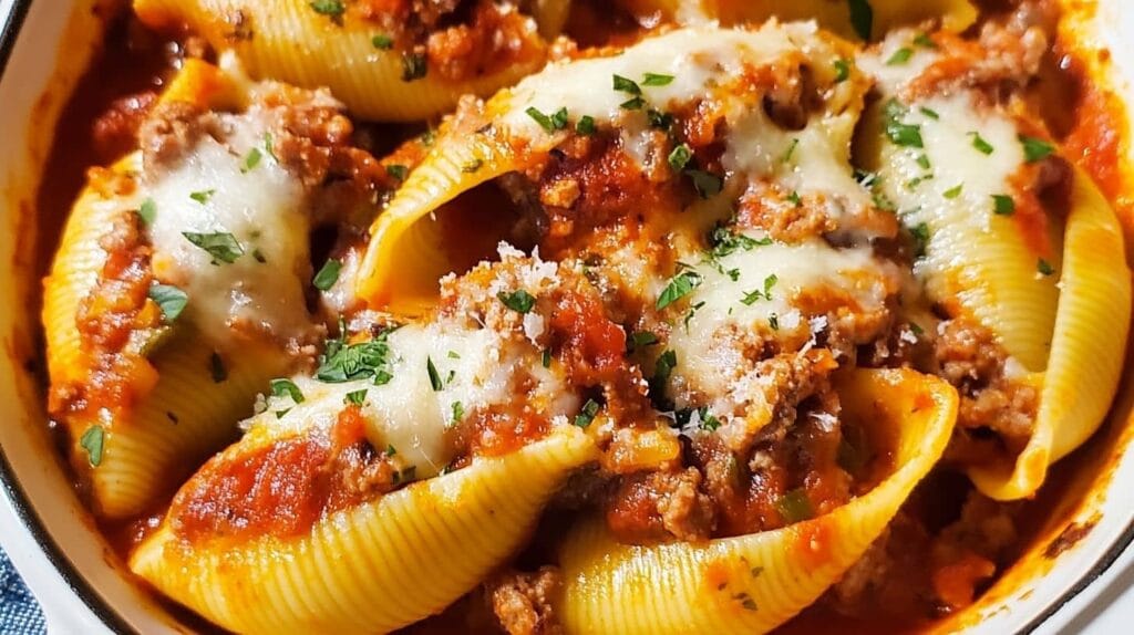 A close-up of baked stuffed shells with ricotta and meat, topped with melted cheese and garnished with fresh parsley.