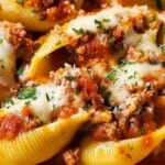 A close-up of baked stuffed pasta shells filled with ricotta cheese and ground meat, topped with melted cheese and garnished with fresh parsley.