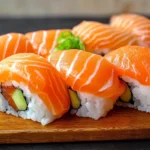 A close-up of a wooden platter featuring freshly prepared salmon sushi pieces with glossy orange fish slices on top of rice.