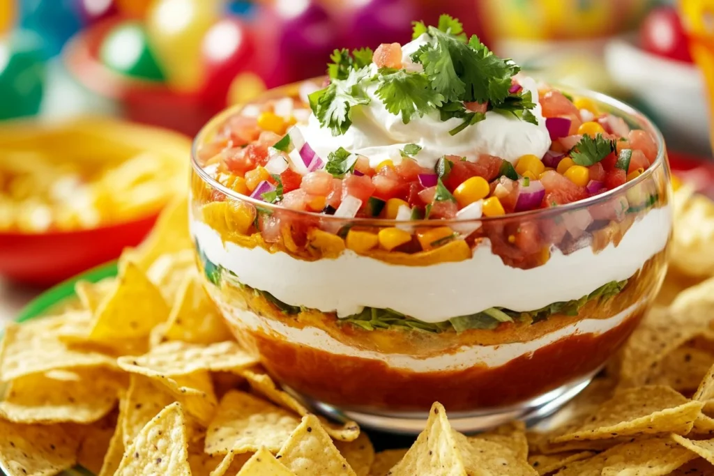 Layered taco dip with toppings and tortilla chips in a clear dish.