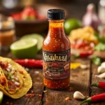 A bottle of Mexican spicy sauce placed on a wooden table, surrounded by fresh tacos, lime wedges, chili peppers, and garlic cloves.