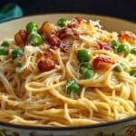 A plate of Alfredo spaghetti garnished with green peas, crispy nuts, and grated Parmesan cheese.