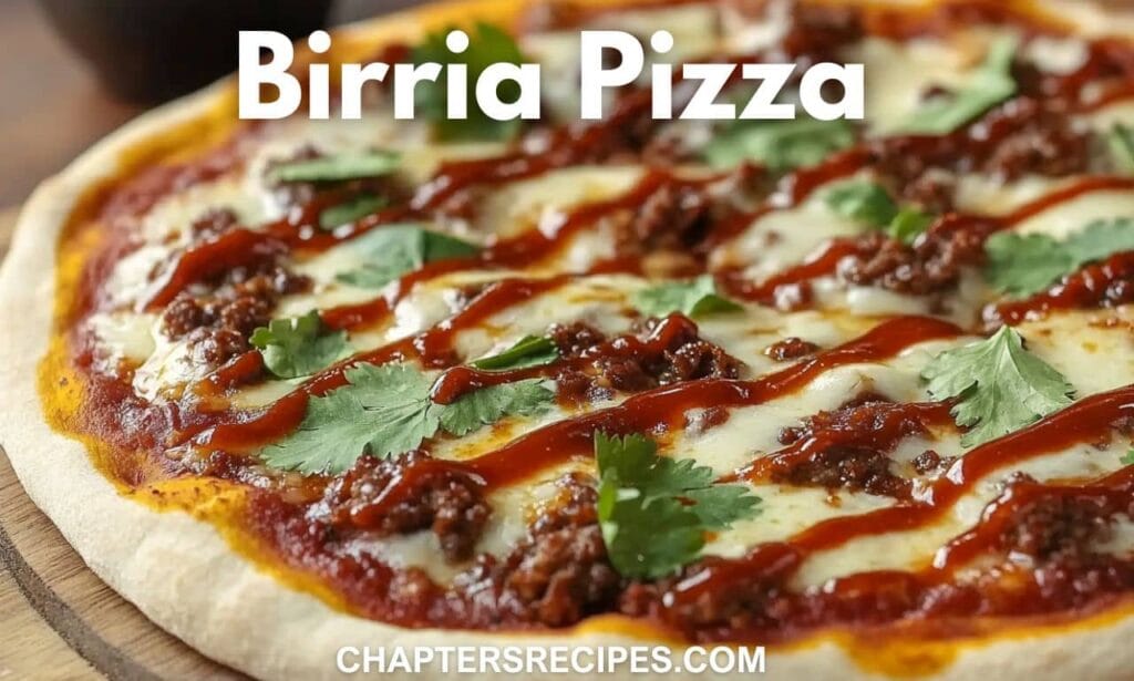 A close-up of a birria pizza topped with melted cheese, flavorful birria meat, barbecue sauce drizzle, and garnished with cilantro.