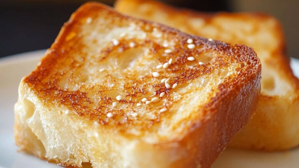 A close-up of two slices of golden brown Canes Bread Recipe with a crispy crust, topped with sesame seeds and served on a white plate.