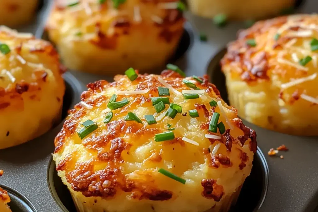 Golden brown Cheesy Mashed Potato Puffs topped with chives and grated cheese in a muffin tray.