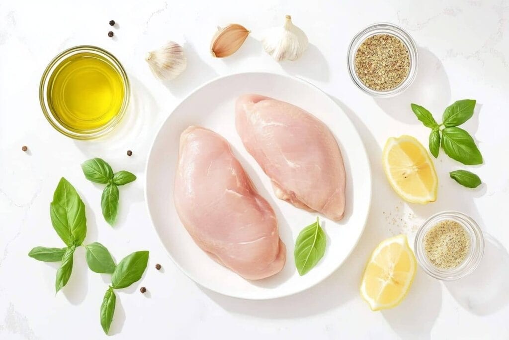 Raw chicken breasts with basil, garlic, lemon, olive oil, and spices on a white plate and surface.