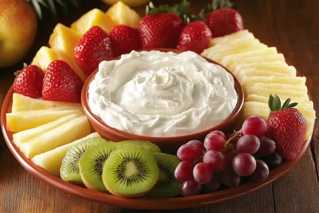  A rich and creamy cream cheese fruit dip in a brown bowl, surrounded by fresh strawberries, pineapple slices, kiwi, and grapes on a wooden table.