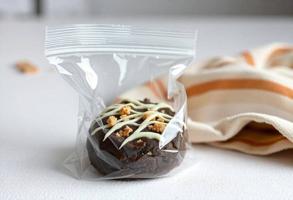 A single dark chocolate cookie drizzled with white chocolate and topped with crumbly bits, packaged in a clear resealable plastic bag on a white surface with an orange-striped cloth in the background.