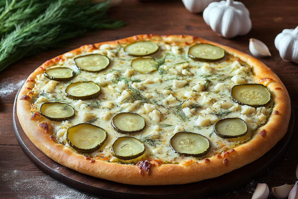 A gourmet white pizza topped with pickles, fresh dill, and chunks of garlic, served on a wooden board with garlic cloves and dill sprigs in the background.