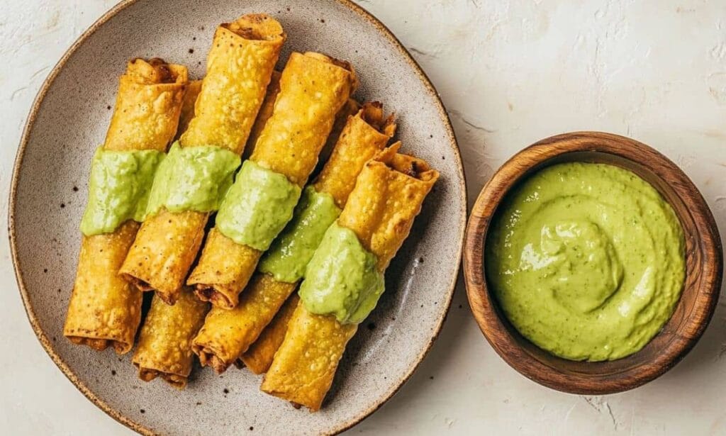 A plate of golden frozen taquitos cooked in an air fryer, topped with avocado sauce, accompanied by a wooden bowl of creamy avocado dip.