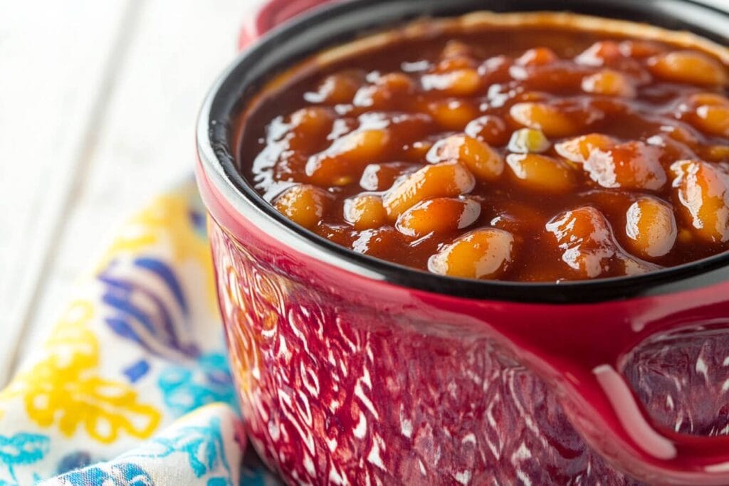 A close-up of baked beans in a textured red pot, covered in a rich barbecue sauce with a colorful cloth in the background.