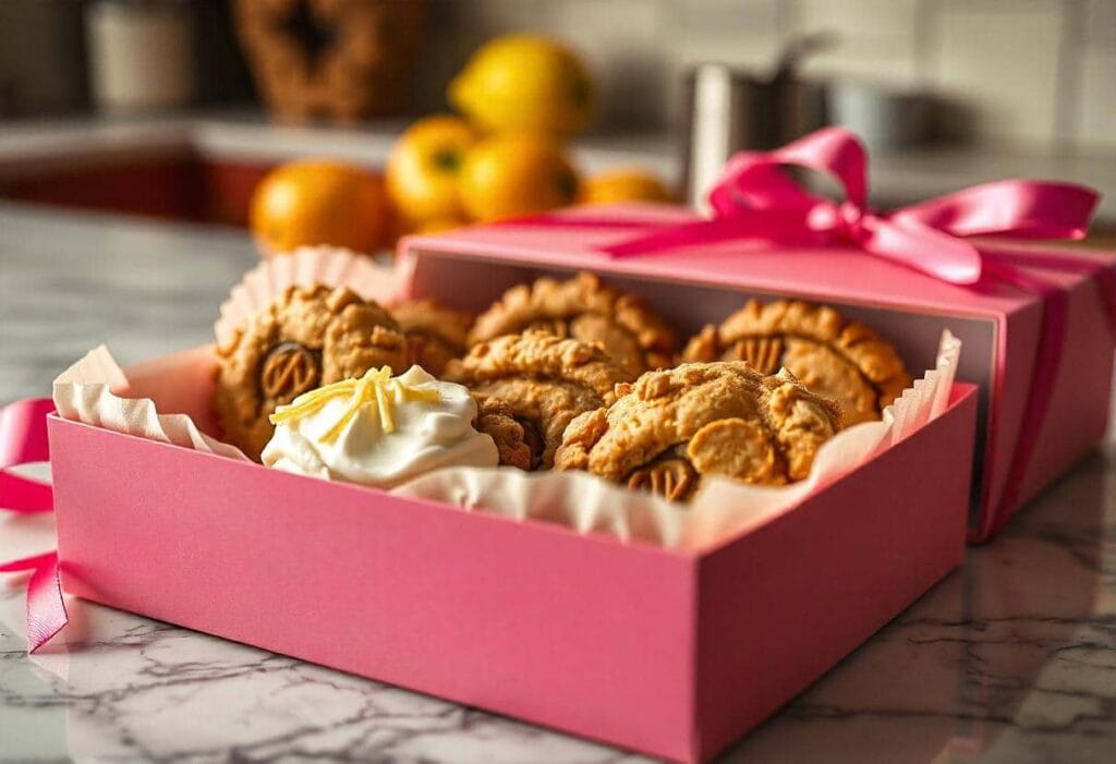 A pink gift box filled with freshly baked Crumbl cookies, topped with a dollop of whipped cream and lemon zest, placed on a marble countertop with blurred lemons and oranges in the background.