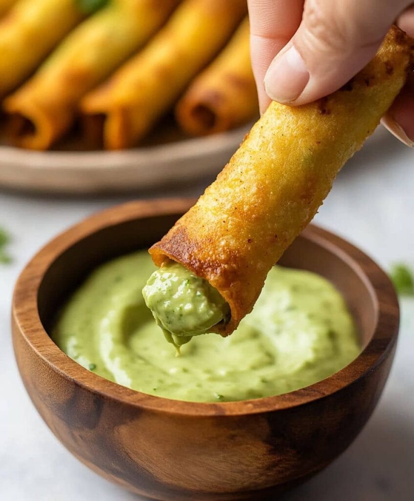  A hand dipping a golden frozen taquito, cooked in an air fryer, into a wooden bowl of creamy avocado dip, with more taquitos blurred in the background.