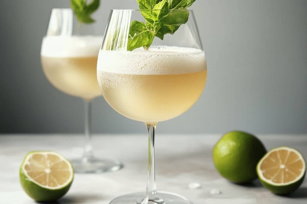 A refreshing Hugo Spritz cocktail served in a rounded wine glass, garnished with a fresh mint sprig and accompanied by halved and whole limes on a marble countertop.