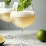 A refreshing Hugo Spritz cocktail served in a rounded wine glass, garnished with a fresh mint sprig and accompanied by halved and whole limes on a marble countertop.