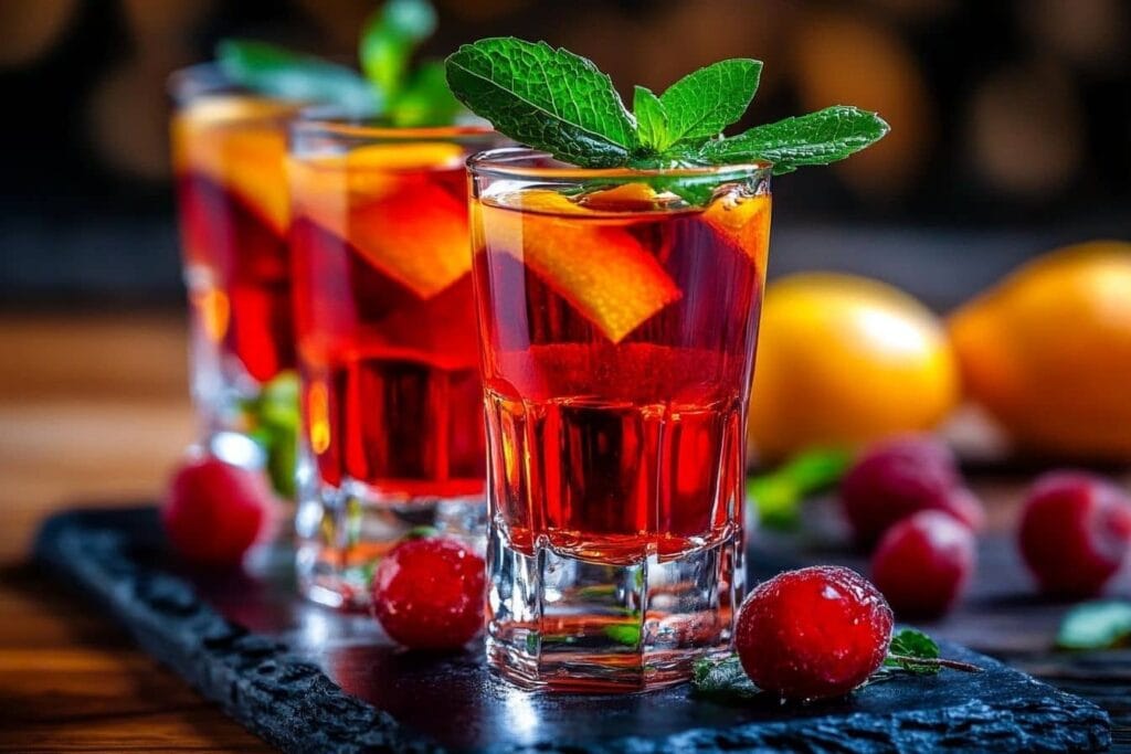 A close-up of three red berry cocktails garnished with orange slices and mint leaves, served in short glasses with fresh berries on a slate platter.