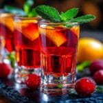 A close-up of three red berry cocktails garnished with orange slices and mint leaves, served in short glasses with fresh berries on a slate platter.